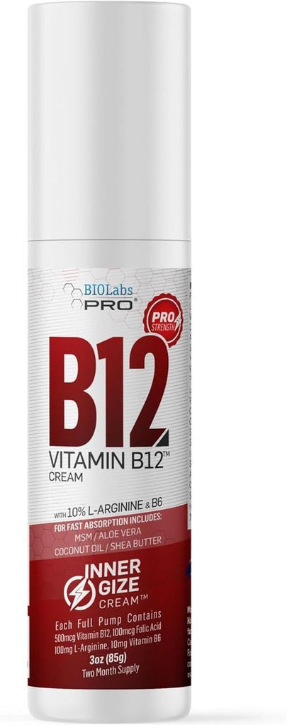 BIOLABS PRO INNERGIZE B12 Krēms - Dabiskais Topical B12 w/B6 & 10% L-Arginīns - Uzlabots Neiroloģiskais & Pirmsdarbs Atbalsts - Profesionālās pakāpes Metil B12 - B6