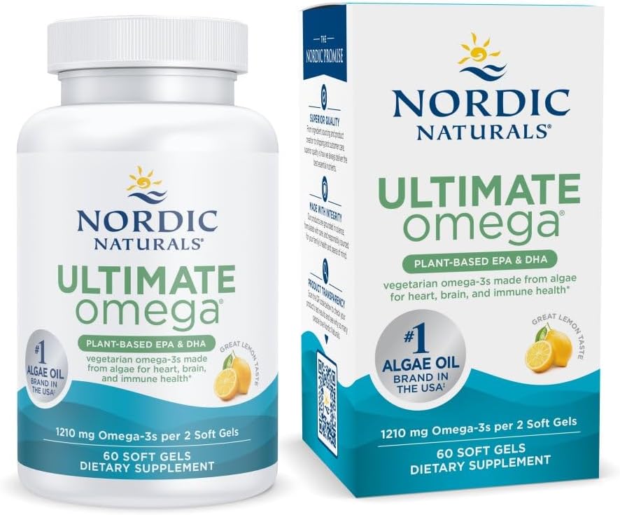Ziemeļvalstu dabas augu bāzes Ultimate Omega, citrona Flavor - 60 Vegetarian Soft Gels - 1210 mg Omega-3 - Vegan EPA un DHA - Papildinājums izgatavots no Algae - Brain & Heart Support - Non-GMO - 30 Servējumi