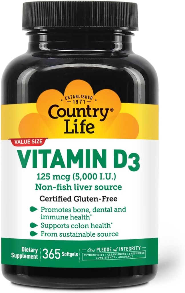 Country Life Vitamin D3 5000 IU – High Potency, Non-Fish Source, unterstützt Knochengesundheit, Immunfunktion & Calcium Absorption – 365 Softgels, zertifizierte Glutenfreie, langfristige Versorgung