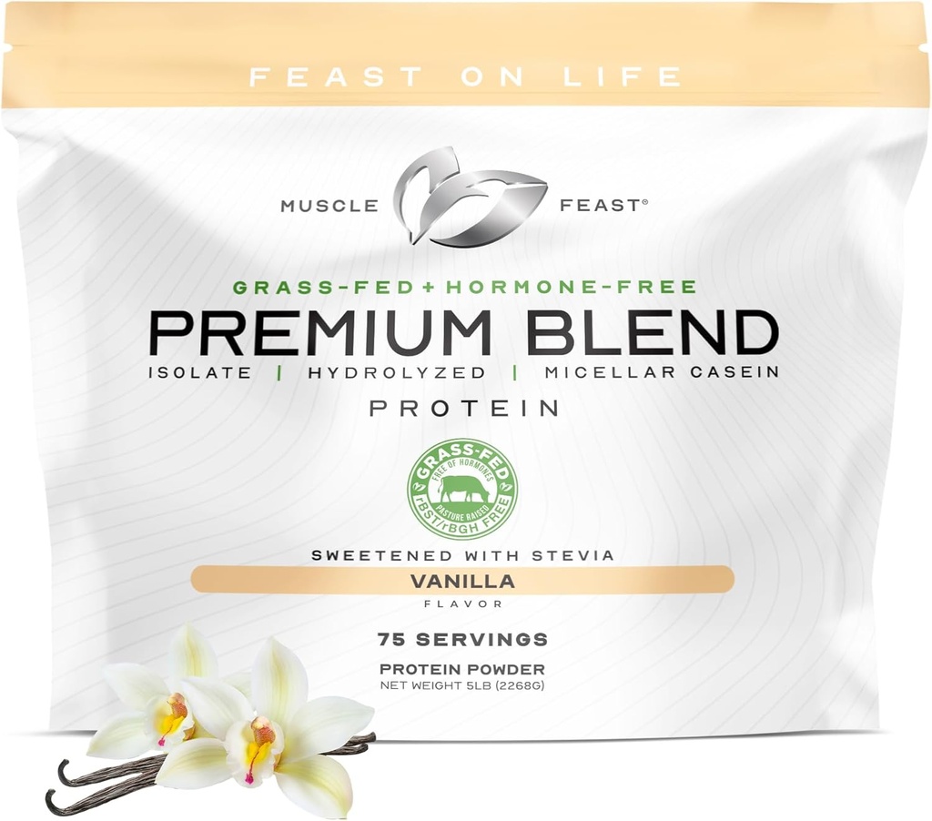 Muscle Feast Grass Fed Premium Blend Whey Protein, Hydrolyzed Whey, Isolate, Micellar Casein, 21g Protein, 100 Calories (Vanilla, 5lb)