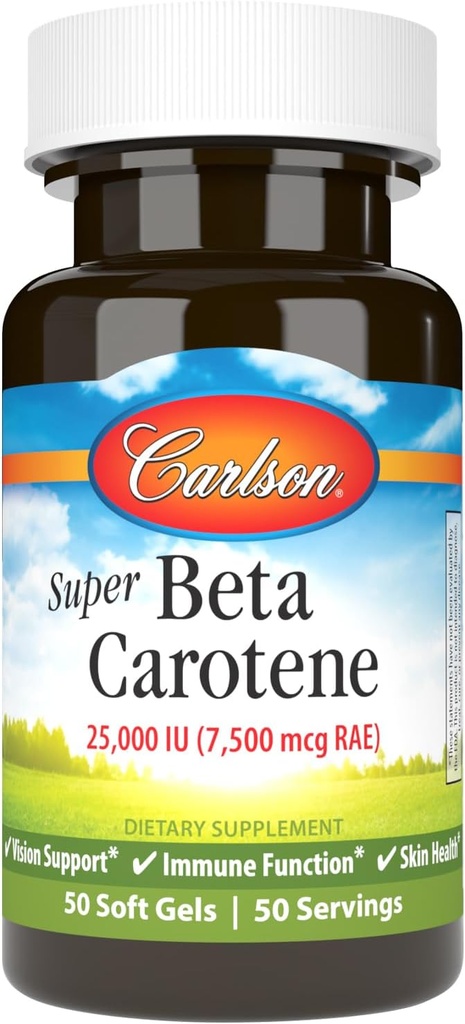 Carlson - Super Beta Carotene, 25000 IU (15 mg), A bitamina Beta Carotene, Bioavailable eta Bioactive Form, Vision Health, Healthy Skin, 50 Softgel
