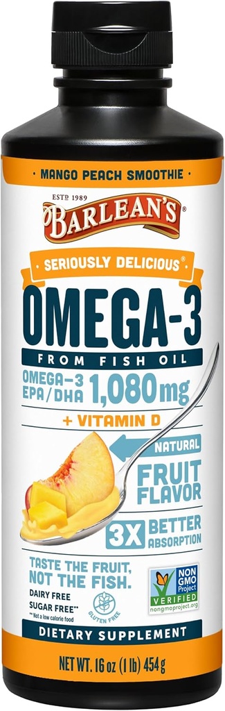 Suplemento de aceite de peixe Omega 3 de Barlean con vitamina D para homes e mulleres, pexego Mango, 1080mg EPA e ácido DHA Fatty, 16 oz