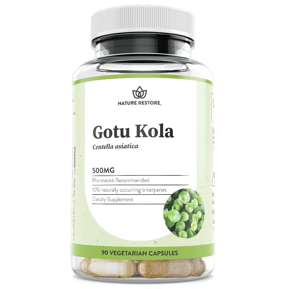 Nature Restore Gotu Kola Extract Supplement, 10 Percent Triterpenes Maximum Effectiveness, Manufactured in USA, 90 Capsules, Non GMO, Gluten Free, Vegan