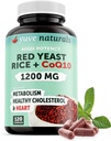 100% Natural Red Yeast Rice 1200 mg com CoQ10 100 mg, 2 em 1, manter níveis de colesterol saudável - 120 Cápsulas Veggie