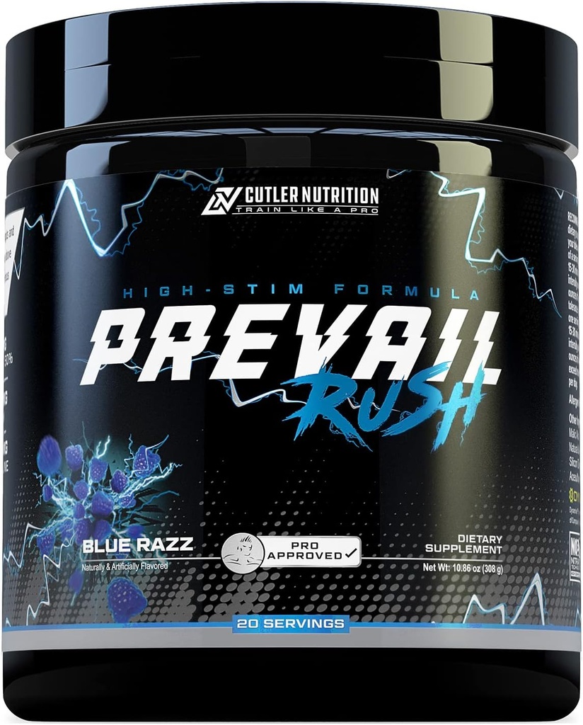 Cutler Nutrition High Stim Pre Workout Powder Prevail Rush Preworking pro muže a ženy pro intenzivní čerpadla energie a zaměření s kofeinem NO3T Betaine a Dynamine curren124; Sour Blue Razz (20 Služeb)
