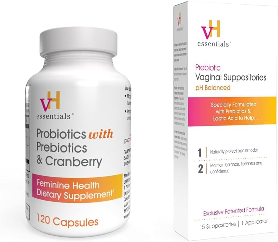 vH essensielt Probiotika med prebiotika og tranebær feminin helse supplement - 120 kapsler (544-36) & Prebiotiske PH balansert Vaginal SuppositoriesBox, Opprinnelig versjon, 15 greve