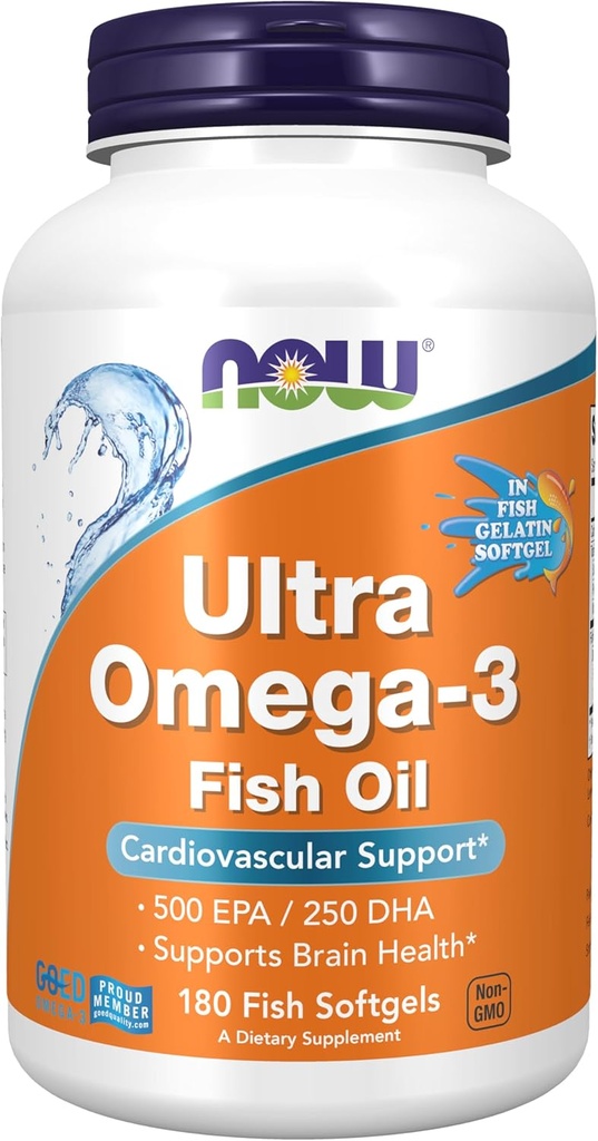 NOW Foods Supplements, Ultra Omega-3, 500 EPA in 250 DHA, Kardiovaskularna podpora*, 180-Ribje želatina softgels