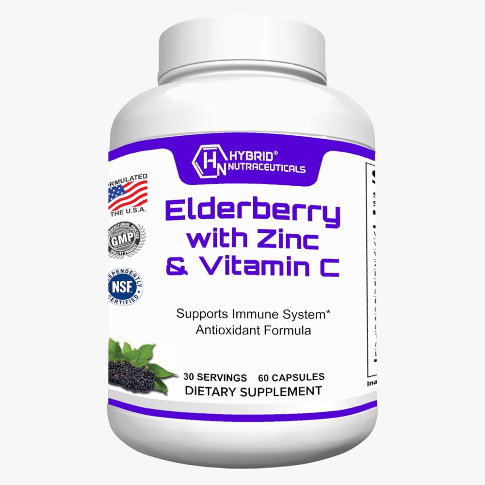 Hybrid Nutraceuticals Black Elderberry Capsules, with Echinacea, Turmeric, Garlic, Zinc, Vitamins C, E and B6, Probiotics and L-Glutamine (60 Capsules)