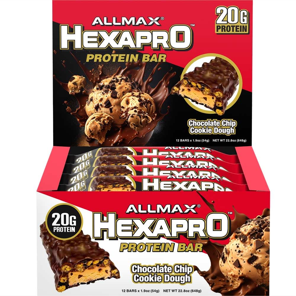 ALLMAX HEXAPRO PROTEIN BAR, Chocolate Chip Cookie Deeg - Verpakking van 12 - High-Protein Energy Snack - 20 g eiwit per bar - met wei eiwitisolaat