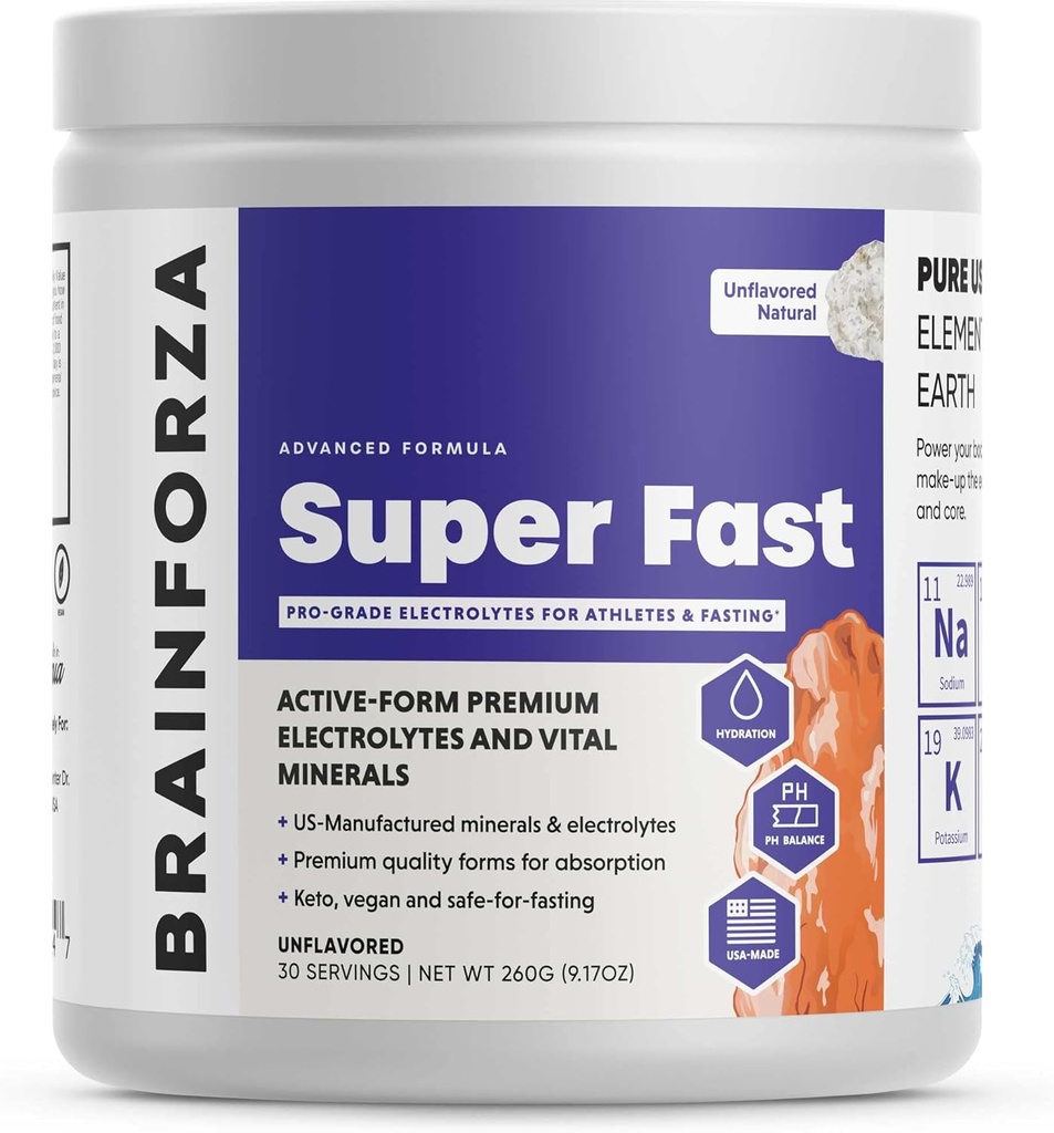 브레인 Forza Super Fast Keto Electrolytes for Fasting - 프리미엄 일렉트로트로트, 설탕 또는 향료 w/Potassium, 나트륨, 마그네슘, 칼슘, 아연, 핑크 히말라얀 소금, (30srv, Unflavored)