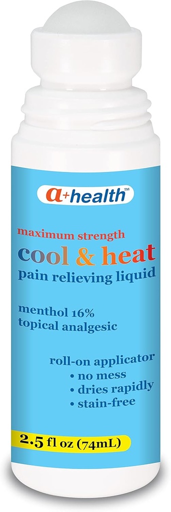 A+Health cool " Heat Pain Relieving Liquid, Menthol 16%, Maximum Strength, roll On, Made in USA, 2.5 fl Ounces (CoolHeat)