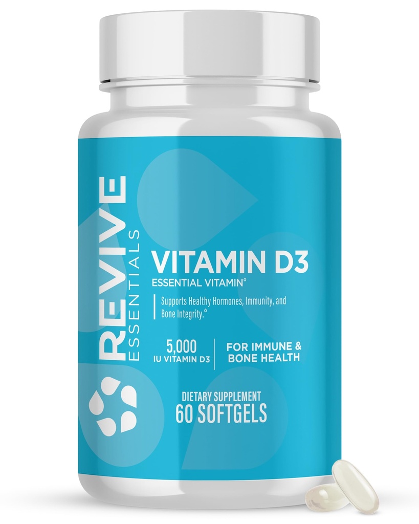 Revive MD Vitamin D3 Supplement 5000 IU – High Potency Cholecalciferol for Immune Support, Calcium Absorption, Bone & Muscle Health – Non-GMO Dietary Supplement, No Fillers (60 Softgels, 60 Servings)