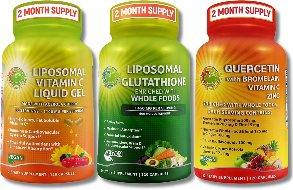 Lipomal Vitamin C 11100mg Liquid Gel Capsules - Bundle up with - Lipomal Glutathione 500mg Suplemen, Master Antioksidant & Quercetin dengan Bromelain Vitamin C dan Zinc