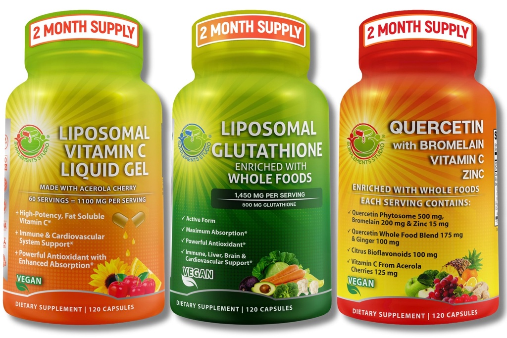 Liposomal Vitamin C 1100mg Liquid Gel Capsules - Bundle up with - Liposomal Glutathione 500mg Supplement, Master Antioxidant & Detoxifier & Quercetin with Bromelain Vitamin C and Zinc