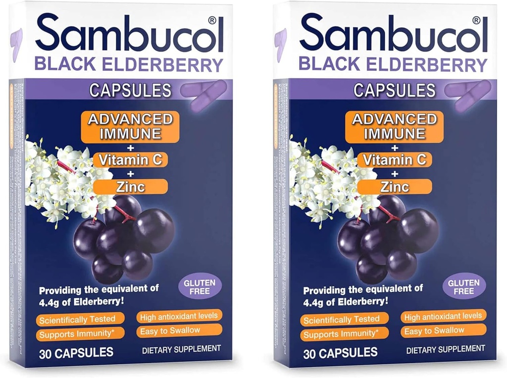 Sambuco Black Elderberry kapselit - Advanced Immuuni, C-vitamiini ja sinkki, Elderberry kapselit, Immuunituki, Musta Elderberry lisäravinteet, Gluteeniton, helppo niellä kapselit - 30 kreivi, 2-pakkaus