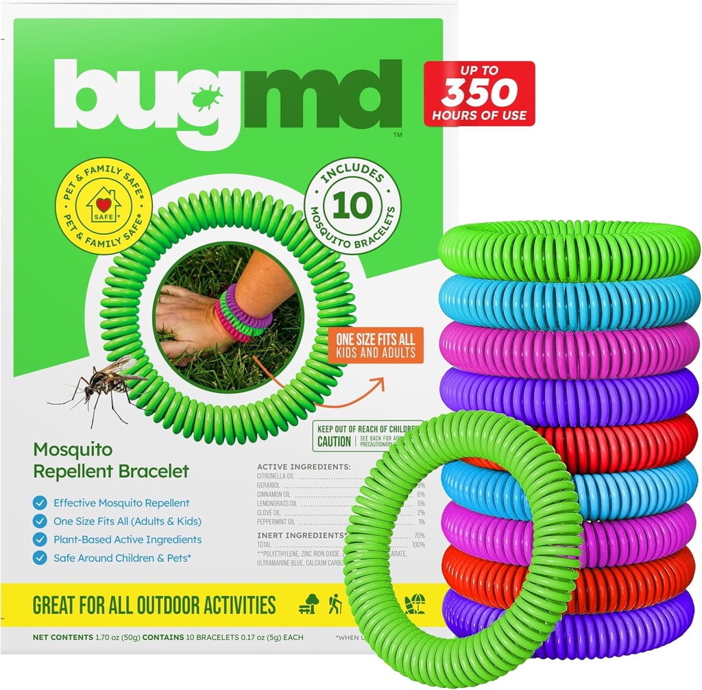 Pulseiras de mosquito BugMD 10 Pack, bandas livres de DEET para adultos e crianças, pulseiras Citronella natural & impermeável para acampar, Caminhadas, Praia, Viagens & Essentials ao ar livre