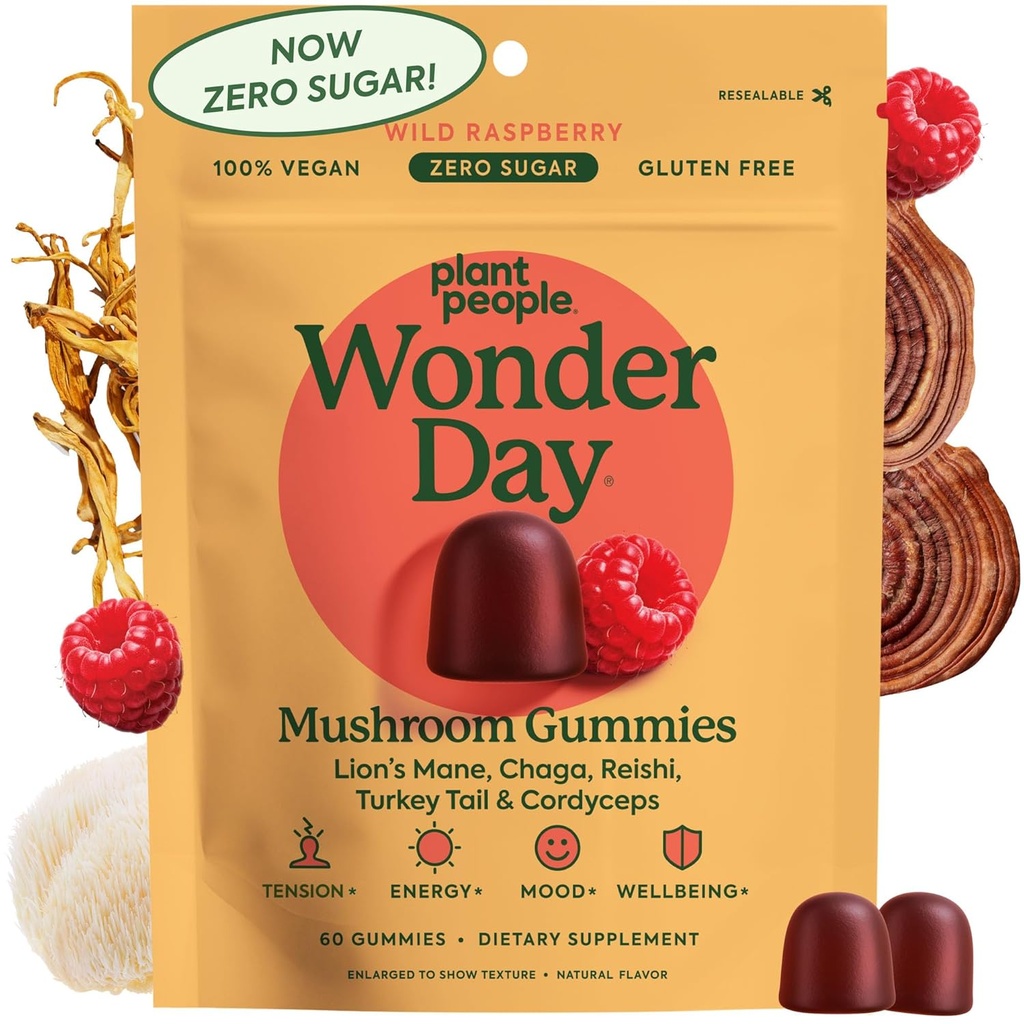 Plant People WonderDay Mushroom Gummies - Lion 's Mane, Cordyceps, Chaga Houbový dodatek k podpoře imunitního systému De-Stress Boost Mood & Energy u dospělých přírodní, Vegan, Non- GMO (60 Počet)