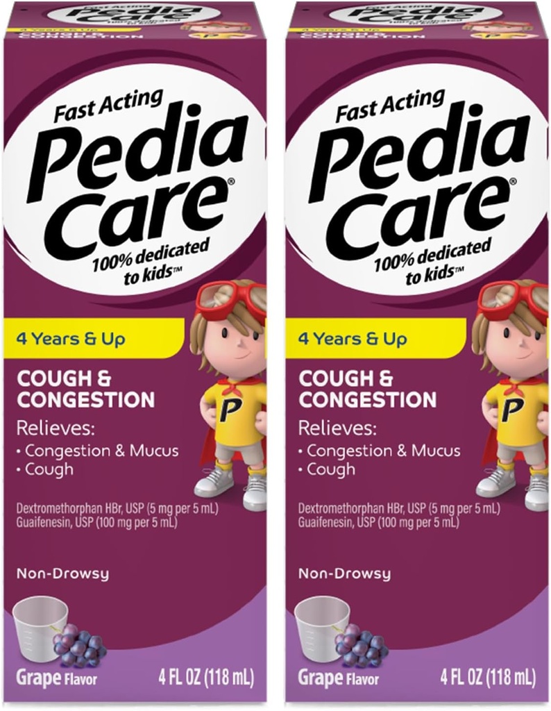 Vaikų kosulys ir spąstai Skysti Medicina Cough, Krūtinės Spūstys ir Mucus Šalti Simptomai, Non-Drowsy, Amžius 4 +, Vynuogių skonio, 4 fl oz (2 pakuotėje)