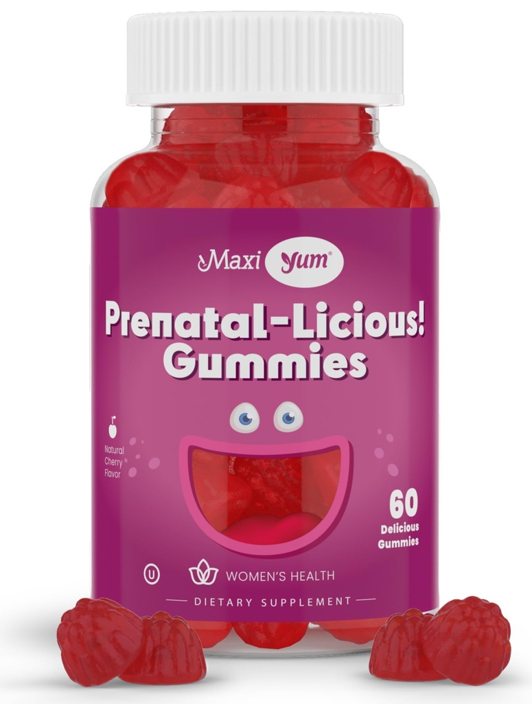 Maxi Health Women's Organic Prenatal Gummies - Kosher Cherry Flavored Pre Natal Gummy - Prenatal Vitamins for Women with Folic Acid and Iron for Fetal Development, 60 Count