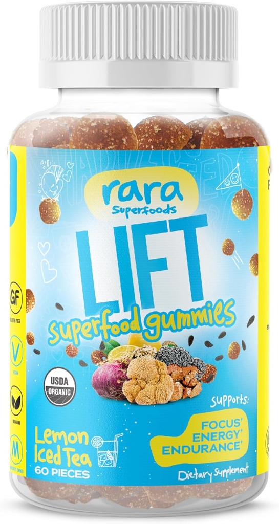 Lift Focus USDA Organic Certified Gummies – Integratore di supporto del cervello naturale, Vegan & Gluten-Free, Infuso con Yerba Mate, Mane del leone, Wild Purple Maca & Chaga (60 Gummies, Ascensore)