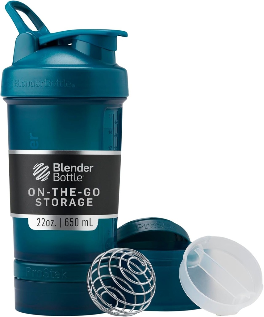 BlenderBottle Shaker Bottle with Pill Organizer and Storage for Protein Powder, Classic V2 ProStak System, 22-Ounce, Ocean Blue