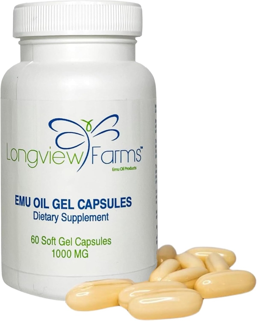 Longview Farms® Emu Oil Gel Capsules | 100% Pure Emu Oil for Skin Health, Mobility, and General Wellness | Natural Omega 3, 6, 9, and Essential Vitamins | 60 Capsules