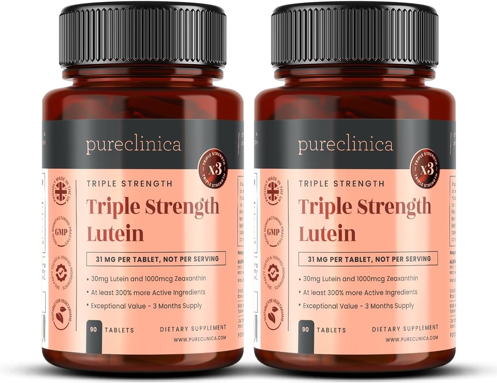 purclinica Lutein 30mg x 180 Tabletas (2 Botellas con 90 Tabletas en Cada). con 1000mcg Zeaxanthin. 3 x La fuerza de las tablas de Lutein regular