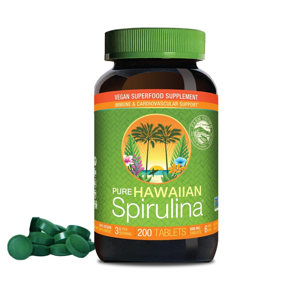 Nutrex Hawaii Pure Hawaiian Spirulina – Vegan Superfood, 500 mg Tablets, Farm Grown in Kona, Non-GMO, Immune Support & Cellular Energy, 200 Count