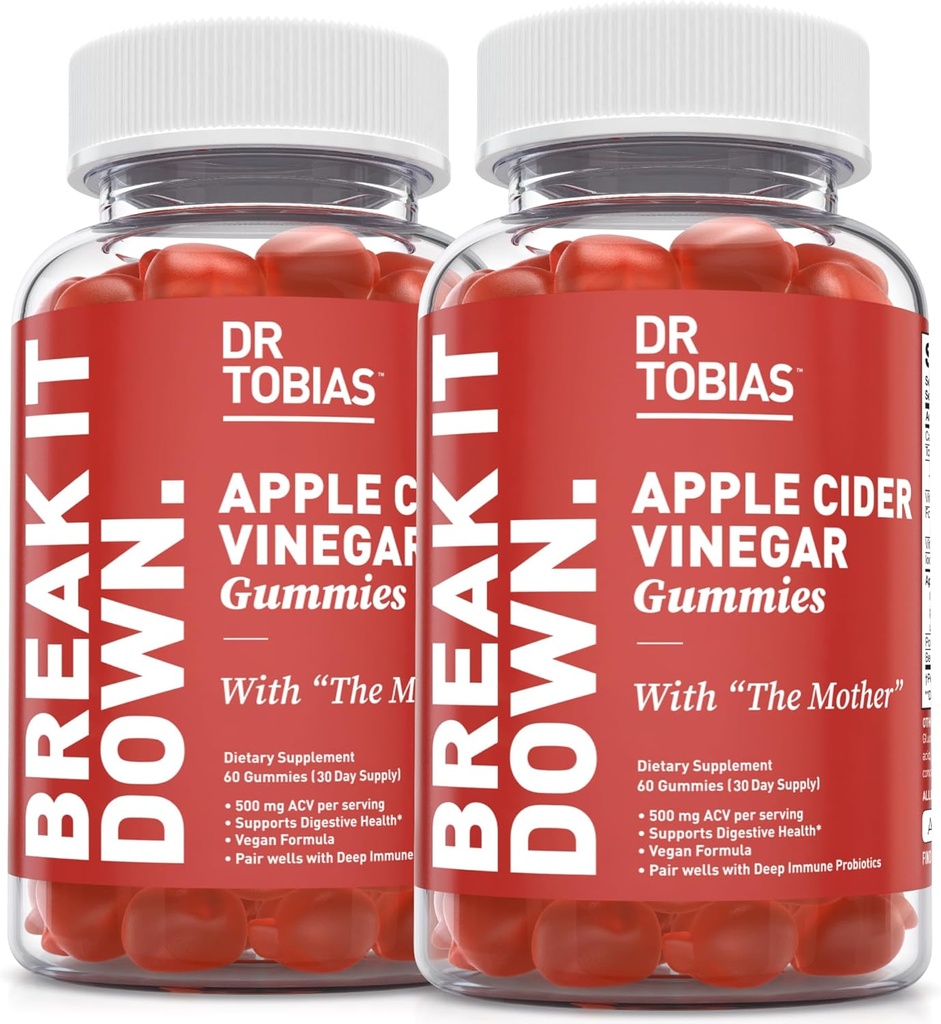 Dr. Tobias Apple Cider Vinegar Gummies with The Mother, 500 mg ACV per Service, Plus Folate, B6, B12 & Iodine, Supports Digestive Health, Gut Cleanse & Detox, Vegan, 120 Gummies