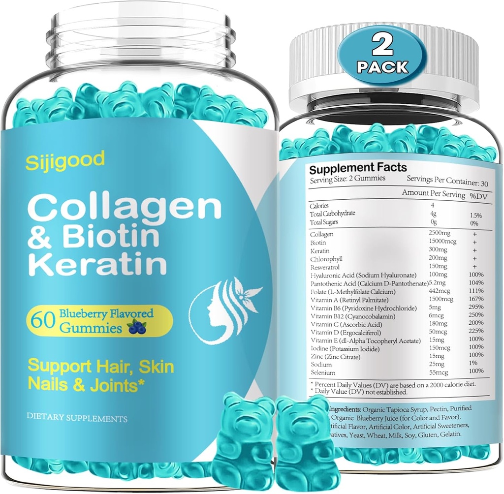 2 Pack Biotin Gummies Collagen, Keratiini, Hyaluronihappo, Vitamiini iholle, hiusten kasvua, kynnet, Naiset Miehet Aikuiset Lapset - Mustikka maku, 120 Gummy