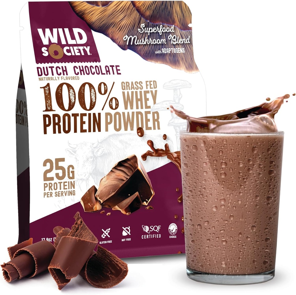 WILD SOCIETY - Premium 100% Grass פד אבקת חלבון Whey + Superfood Mushrooms & Fitogens - 25g חלבון, אבקת חלבון נקי, 0 הוסיף סוכר, non GMO, Gluten Free - שוקולד הולנדי - 17.9 oz oz oz oz oz