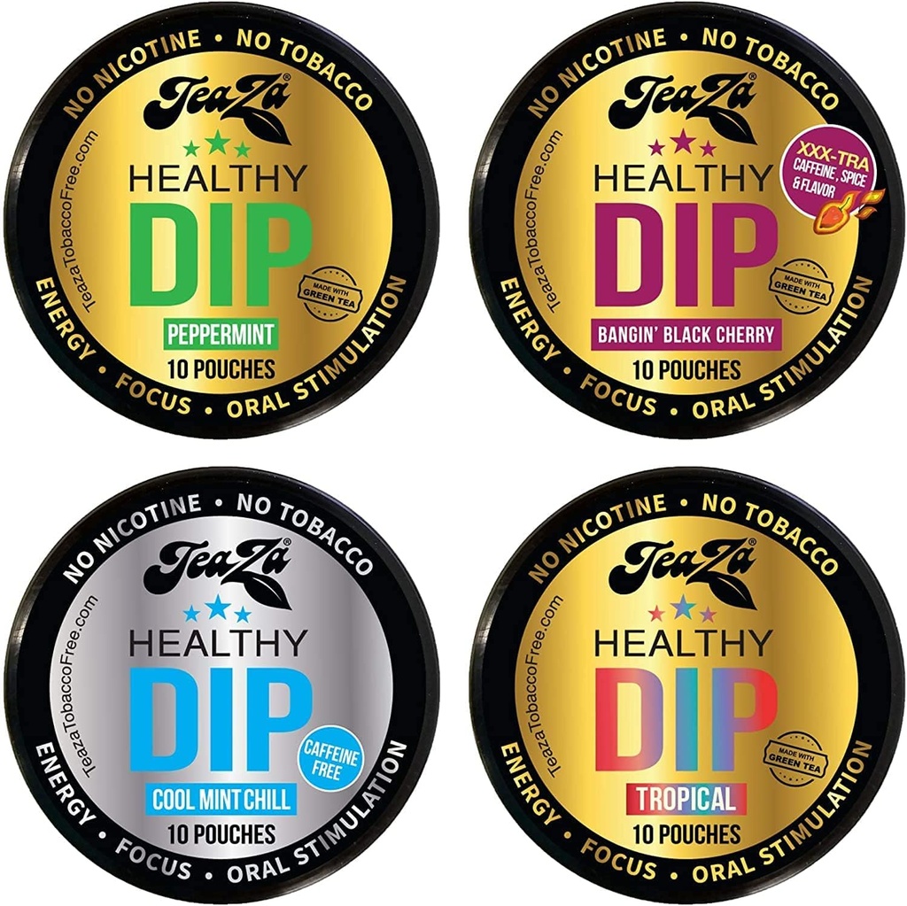 NEW Teaza Herbal Energy Pouch Mixed (4 pakkaus) Piparminttu-trooppinen-Cool Mint Chill-Banging Black Cherry