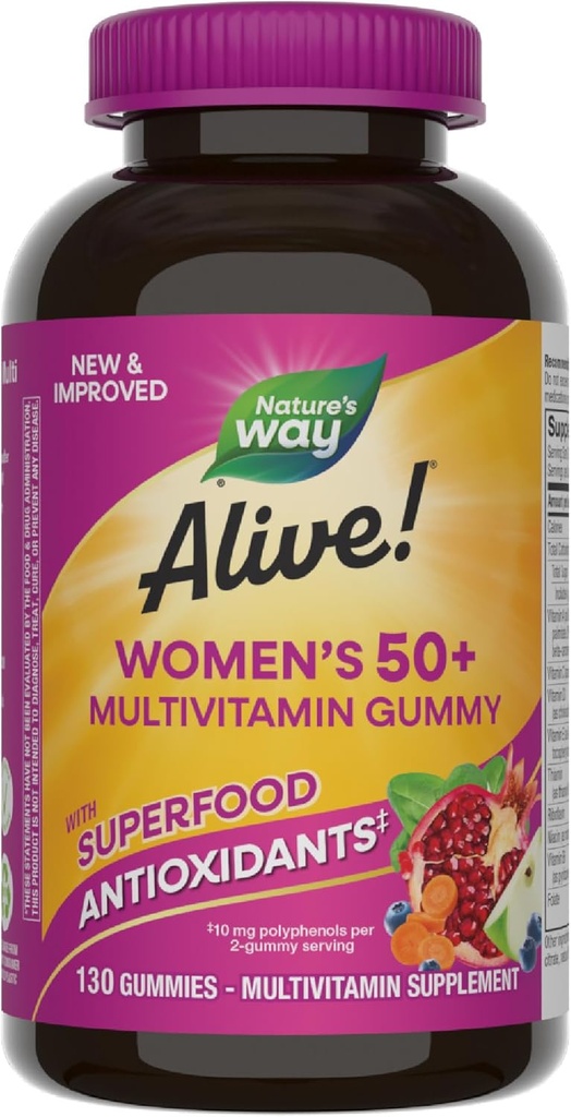 Nature's Way Alive! Women's 50+ Daily Gummy Multivitamins, Women's Supplements, Unterstützt gesundes Herz, Gehirn & Knochen,* B-Vitamins, Mixed Berry Flavored, 130 Gummies (Packaging May Vary)