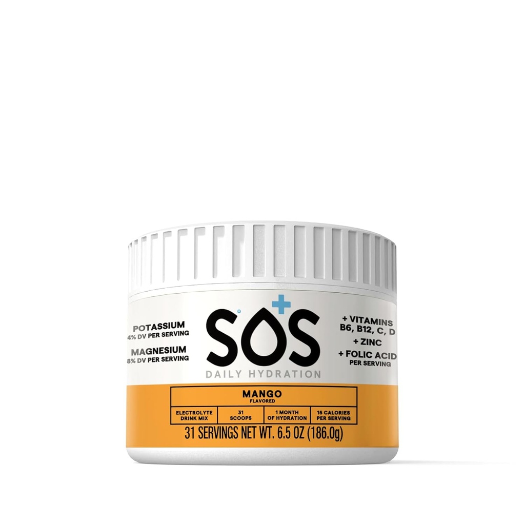 SOS Hydration Electrolyte Drink Mix (31 Servings) - Niski cukier, 15 Calorie, Keto- Friendly & Rapid Rehydration (31 Servings, Mango)