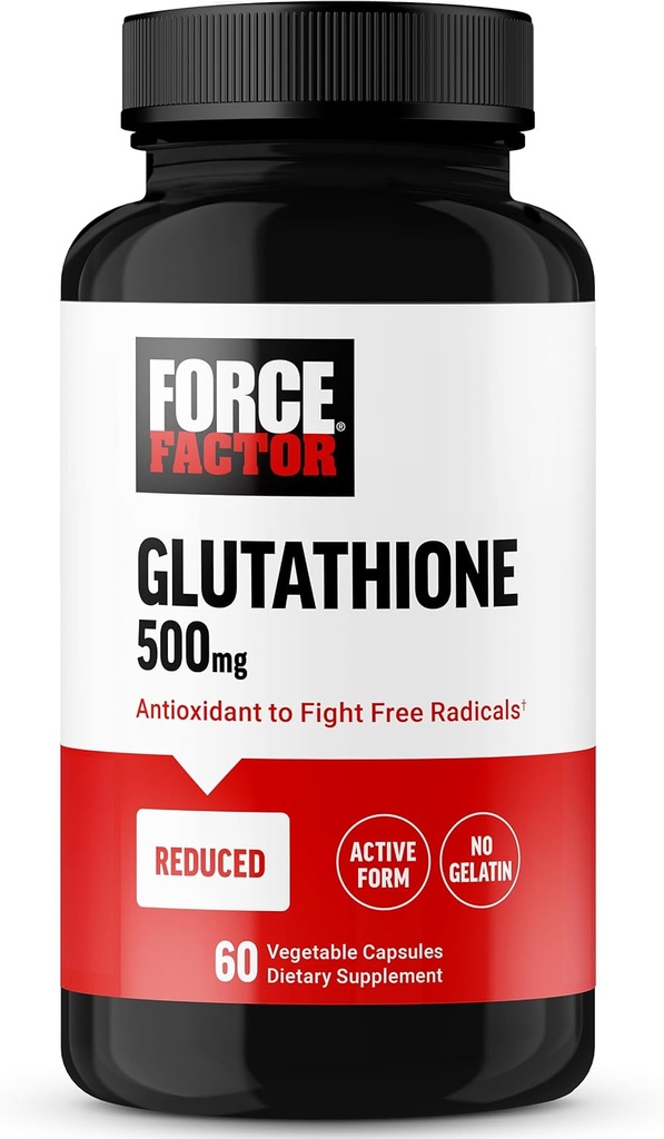 FORCE FACTOR Glutathion-Ergänzung, Antioxidans-Ergänzung mit reduziertem Glutathion 500mg für hohe Absorption und Effizienz, aktive Form, Vegan, Non-GMO, 60 Gemüsekapseln