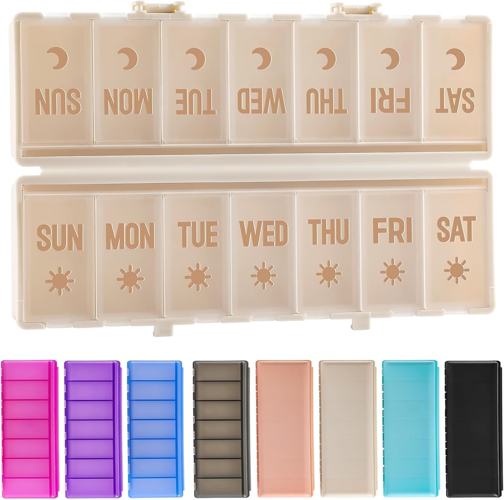 Follable Pill Organizer 2 Times egy nap w / Etched Labels -Dual Protection & Portable Weekly AM PM Pill Box, 7 napos orvosi konténer, Nagy Travel Pill Case a héten napi kiegészítő vitamin - Khaki