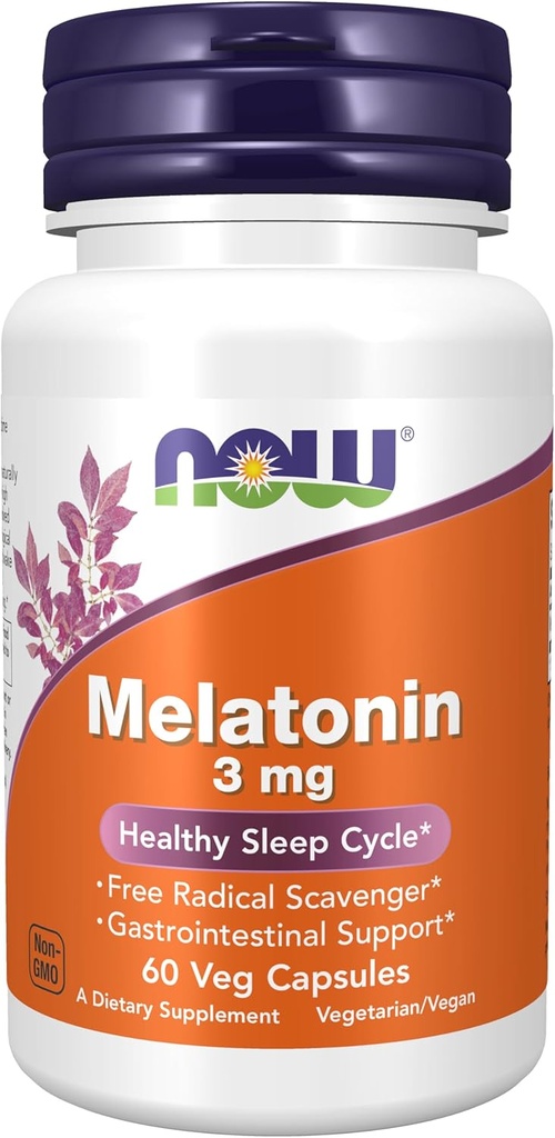 NOW Integratori alimentari, Melatonina 3 mg, Free Radical Scavenger*, Ciclo di sonno sano*, 60 capsule di veg
