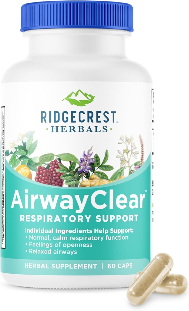 Ridgecrest Herbals AirwayClear, Lung Health and Breathing Support supplements with Schisandra Fruit, Cassia Bark and Ginger Root, Sinus, Mucus Support, Gluten Free (60 Vegan Caps, 30 Serv)