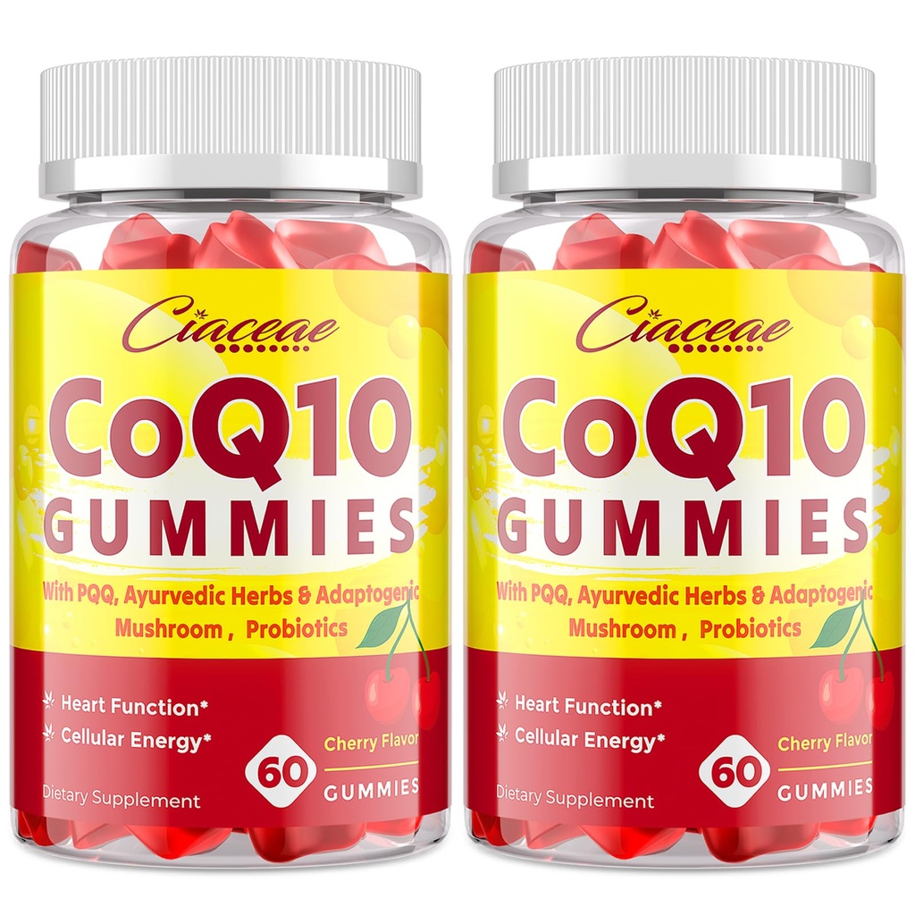CoQ10 Gummies with PQQ - 400 MG Coenzyme Q10 High Potency, Enhanced with Ayurvedic Herbs, Adaptogenic Mushroom Blend & Probiotics for Heart, Brain, Energy, Immunity, Cherry Flavor, 120 Vegan Gummies