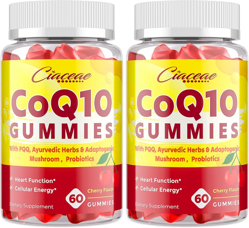 CoQ10 Gummies with PQQ - 400 MG Coenzyme Q10 High Potency, Enhanced with Ayurvedic Herbs, Adaptogenic Mushroom Blend ' Probiotics for Heart, Brain, Energy, Immunity, Cherry Flavor, 120 Vegan Gummies