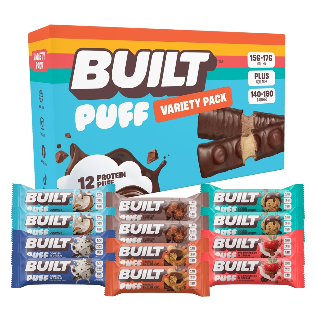 BUILT Bar Puff Protein Bars - Variety Pack - 15-17g Protein Snack Bars with Collagen - Calorie Conscious & Gluten Free - 12 Count, Variety May Vary