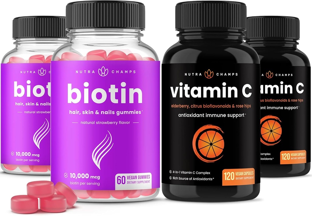 NutraChamps Biotin Gummies (2 Pack) e Capsules de vitamina C (2 Pack) 4 Pack Bundle