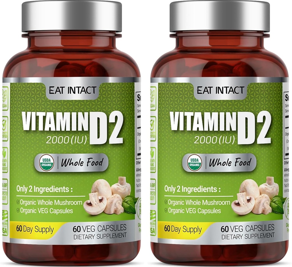 Organic Vegan Whole Food Vitamin D2 (2 Pack), 2000 IU (50 mcg), Two Ingredients (Organic Whole Mushroom Organic Vegan Capsule), Non-GMO, 120 Days Supply