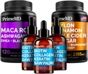5-in-1 Ceylon Cinnamon (120ct), 4-in-1 Biotin Collagen Keratin Saw Palmetto (2 fl oz - 3 Pack) 및 6-in-1 Maca Root Ashwagandha (120ct) 번들 - 에너지, 무드, 머리, 피부 및 면역 지원 보충교재