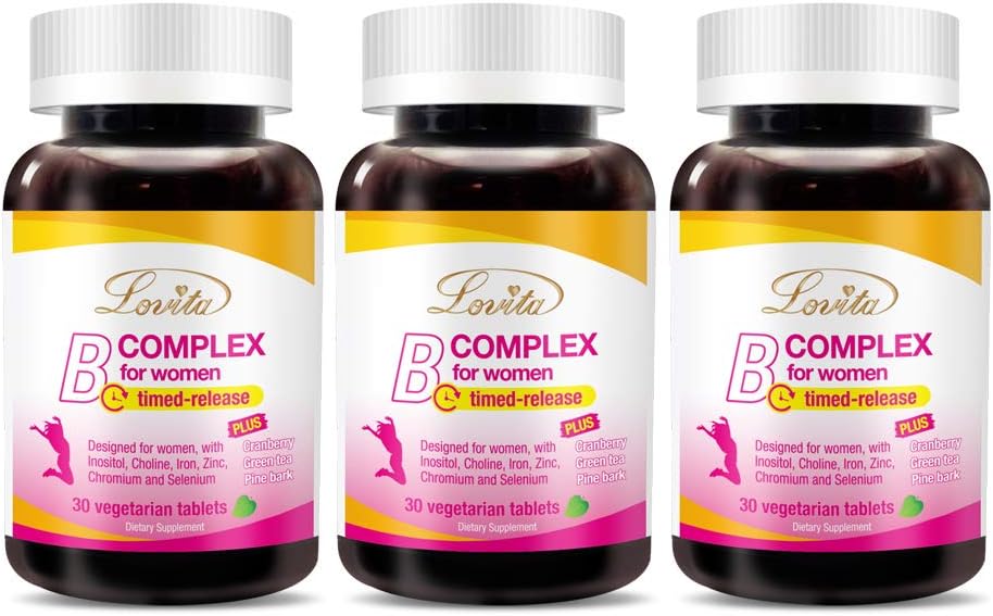 Lovita High Potent Vitamin B Complex for Women, Timed Release, All B Vitamins with Iron, Vitamin C, Cranberry, Pine Bark, Green Tea for Energy, 30 Vegetarian Tablets (Pack of 3)