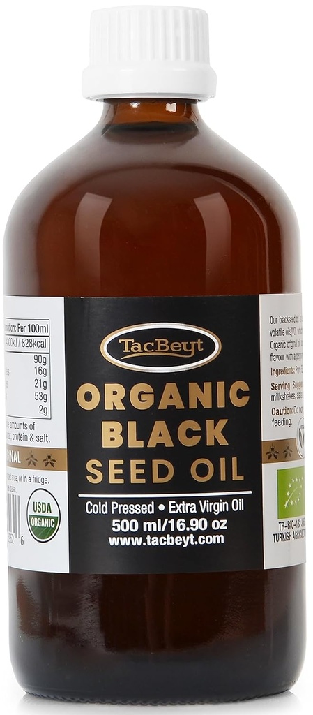 TacBeyt Black Seed Oil, Organic Cold Pressed Liquid, 2% Thymohinon, 100% Original Turkish Black Seed Oil, USDA Sertificēts, nesatur glutēnu, nav ĢMO, Auksti presēts, (Original 16.90 Fl Oz)