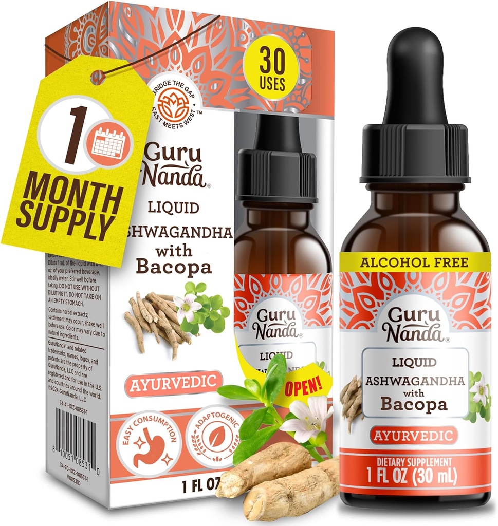 GuruNanda Liquid Ashwagandha s Bacopou (1 Fl Oz) - Přírodní dietní doplňky - Liquid Extract Drops - pro muže & ženy - Vegan & Alcohol- Free - AIDS v imunitní, Focus & Relaxation Support