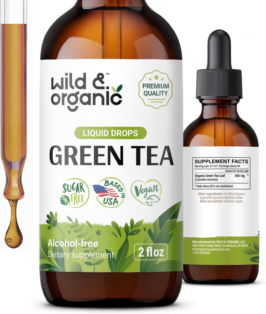Wild & Organic Green Çay Ekstraktiv maye - Antioksik əlavə - Natural Green Tea Supplements w/Camelia Sinensis - Vegan, Sugar & Alkol-Free Tincture - 2 fl oz
