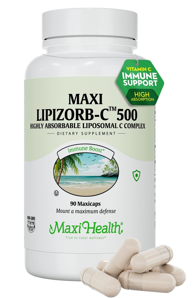 Maxi Health Liposomal Vitamin C 500mg Capsules with Digestive Blend, Highly Absorbable High Dose VitaminC, Non GMO Kosher Vegetarian Doctor-Formulated Immune Support Supplement (90 Count)