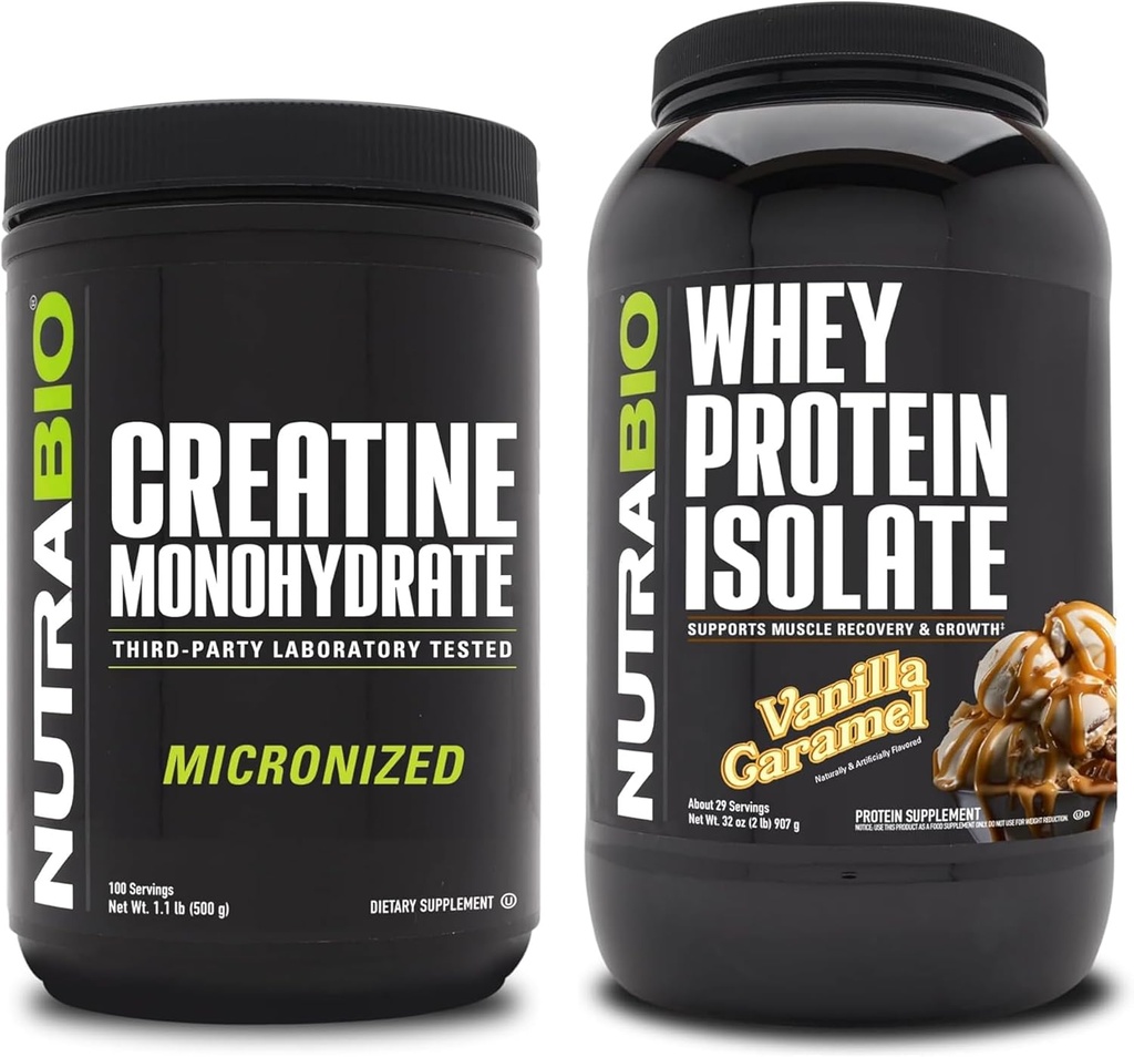 NutraBio Creatina Monohidrat, Nearomate, 500g și Whey Proteine Izolat, Vanilla Caramel, Supliment Bundle - Energie musculară, Lean musculare de creștere, recuperare, și puterea